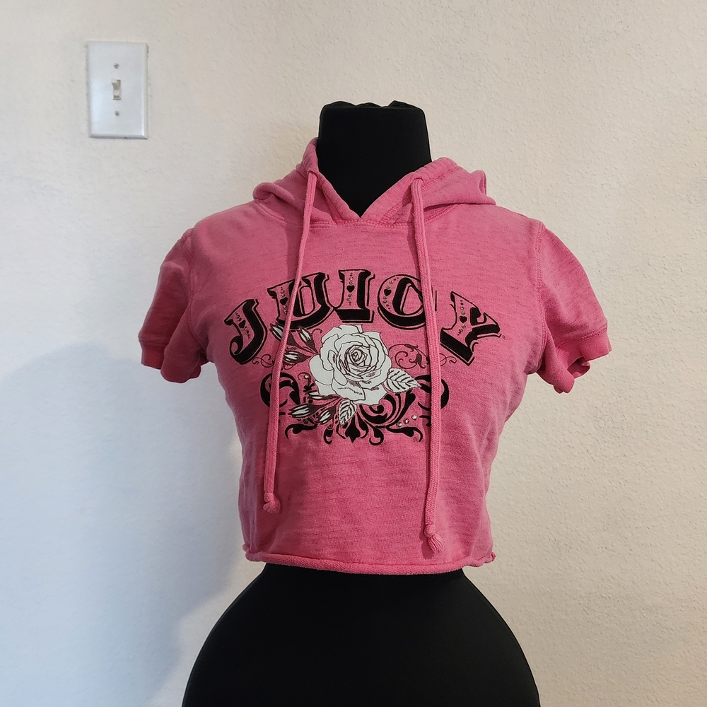 Y2K Juicy Couture Pink Hoodie Crop Top with Rose Design